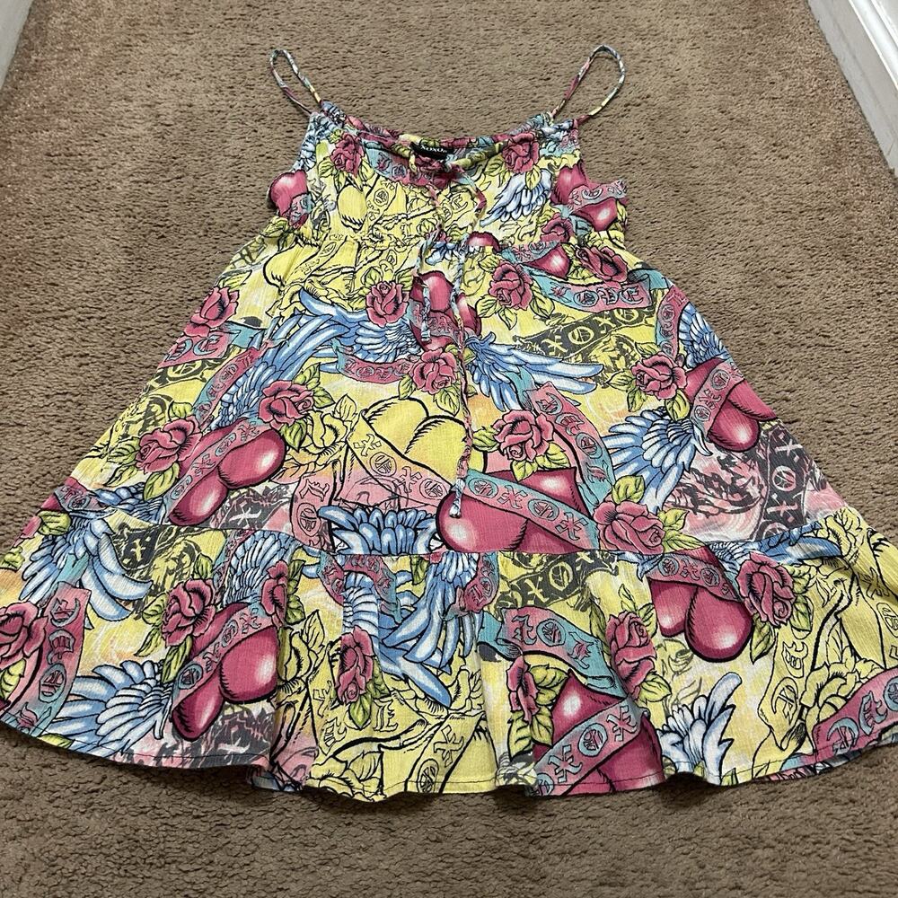 XoXo Dress Ladies Small Tattoo Mini Spaghetti Strap Pink Yellow Y2K Gauze Babydo